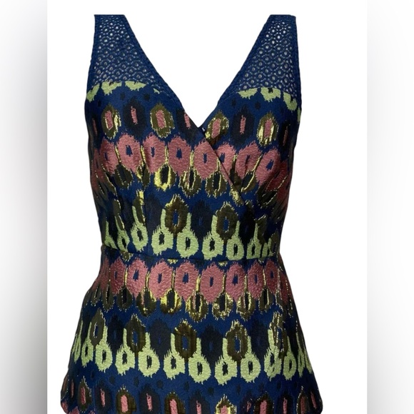 Anthropologie HD in Paris Yana Jacquard Peplum Top Blue Metallic Size 4 - Picture 12 of 16